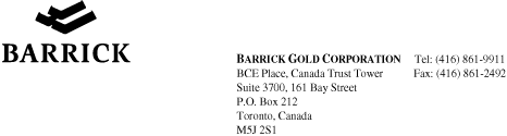 (BARRICK GOLD LETTERHEAD)